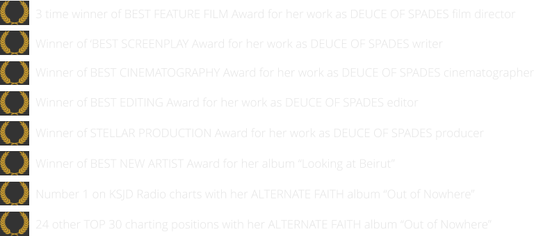 24 other TOP 30 charting positions with her ALTERNATE FAITH album “Out of Nowhere”   Number 1 on KSJD Radio charts with her ALTERNATE FAITH album “Out of Nowhere”      Winner of BEST NEW ARTIST Award for her album “Looking at Beirut”      Winner of STELLAR PRODUCTION Award for her work as DEUCE OF SPADES producer   Winner of BEST EDITING Award for her work as DEUCE OF SPADES editor  Winner of BEST CINEMATOGRAPHY Award for her work as DEUCE OF SPADES cinematographer   Winner of ‘BEST SCREENPLAY Award for her work as DEUCE OF SPADES writer   3 time winner of BEST FEATURE FILM Award for her work as DEUCE OF SPADES film director